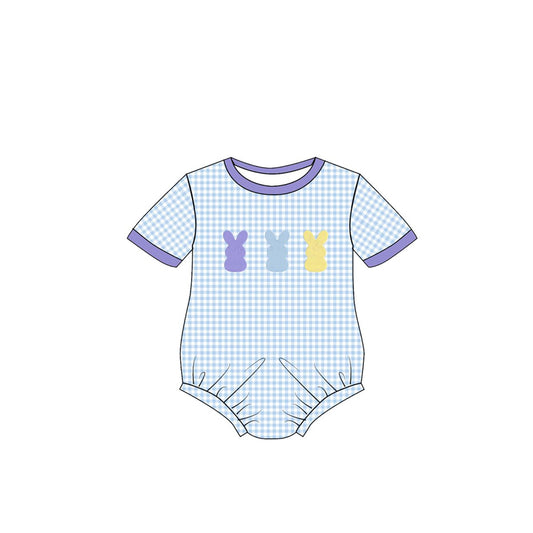 MOQ 5 PCS preorder SR3768 Easter Bunny Blue Plaid Short Sleeve Boys Bubble Romper 202512