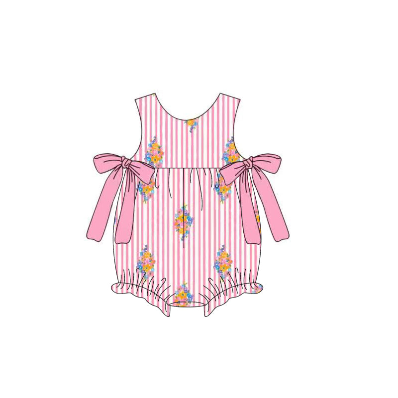 MOQ 5 PCS preorder SR3771 Flower Bows Pink Stripe Sleeveless Girls Bubble Romper 202512