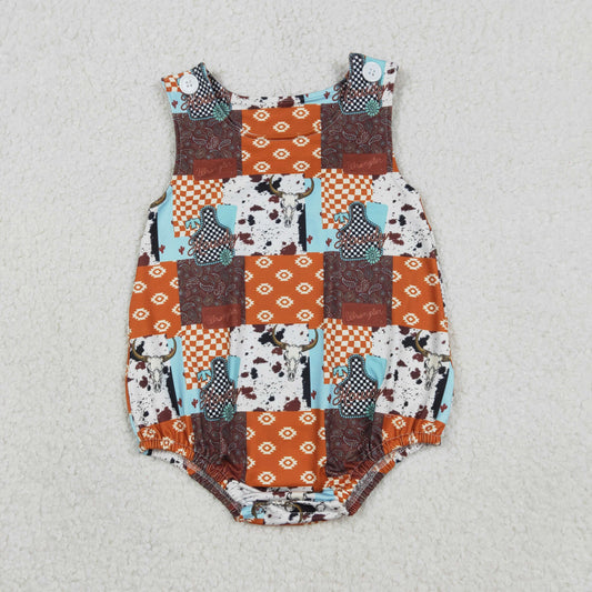 SR3773 Geometric Pattern Alpine Bull Head Plaid Orange Sleeveless Boys Bubble Romper 202601 RTS