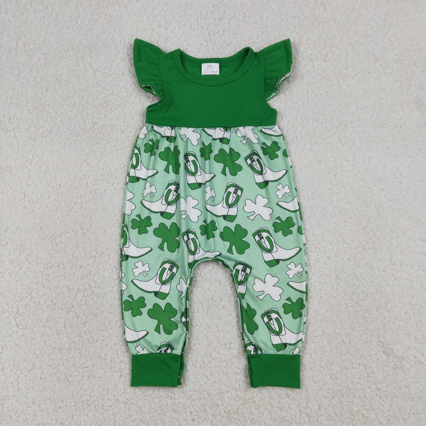 SR3783 St Patrick's Day Four-Leaf Clover Green Flying Sleeve Girls Romper 202601 RTS