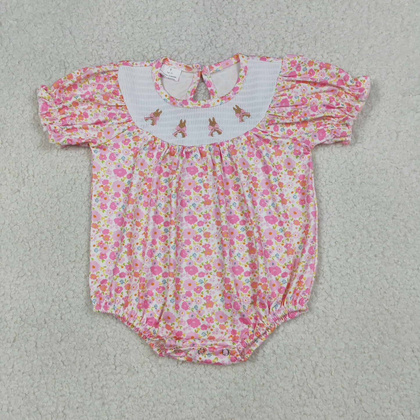 SR3785 Smocked Easter Bunny Bows Floral Pink Short Sleeve Girls Bubble Romper 202604 RTS