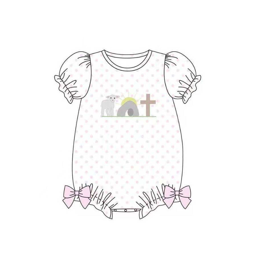 MOQ 5 PCS preorder SR3799 Easter Cross Sheep Dots White Short Sleeve Girls Bubble Romper 202512