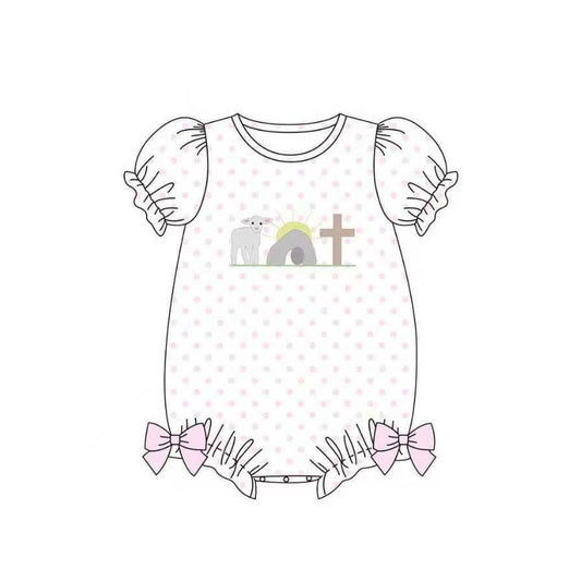 MOQ 5 PCS preorder SR3799 Easter Cross Sheep Dots White Short Sleeve Girls Bubble Romper 202512