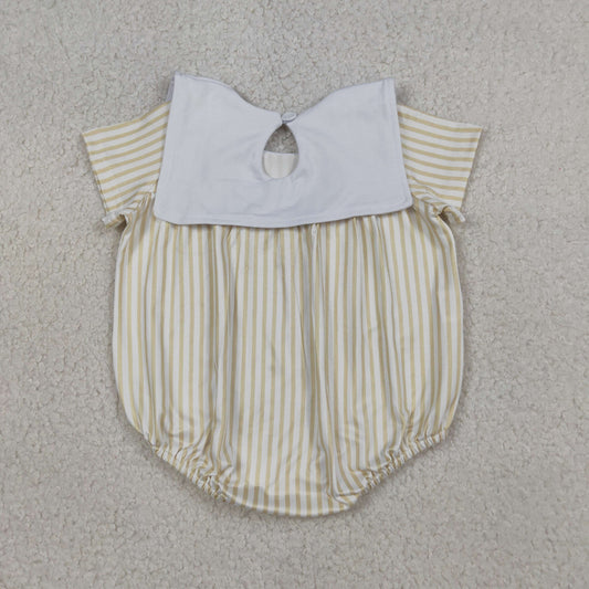 SR3802 Embroidered Easter Cross Khaki Stripe Short Sleeve Boys Bubble Romper 202603 RTS