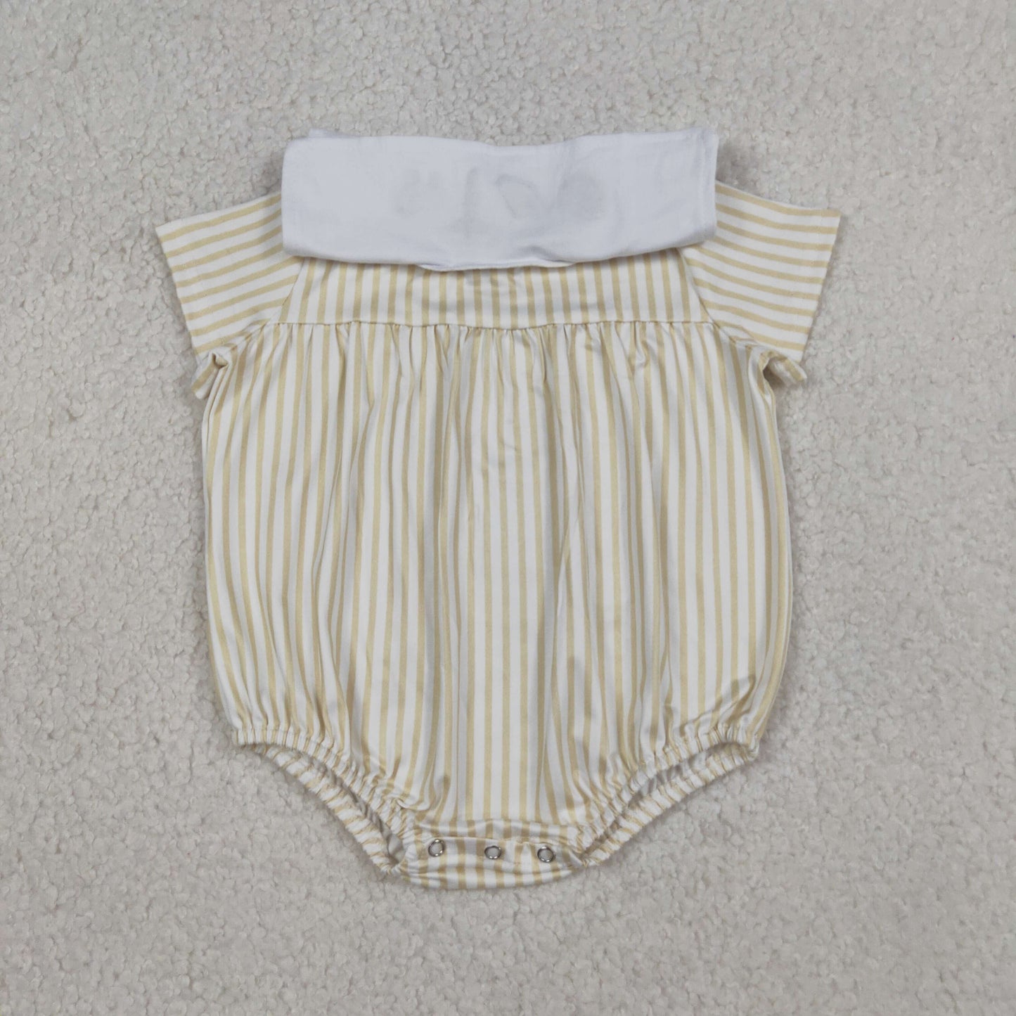 SR3802 Embroidered Easter Cross Khaki Stripe Short Sleeve Boys Bubble Romper 202603 RTS