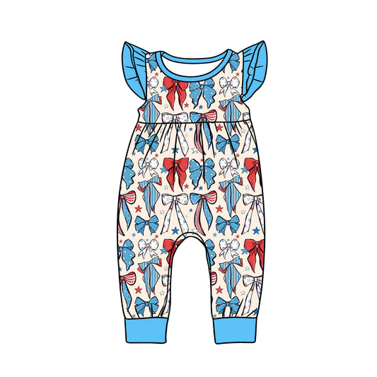 MOQ 5 PCS preorder SR3804 4th of July Bows Star Blue Flying Sleeve Girls Romper 202512