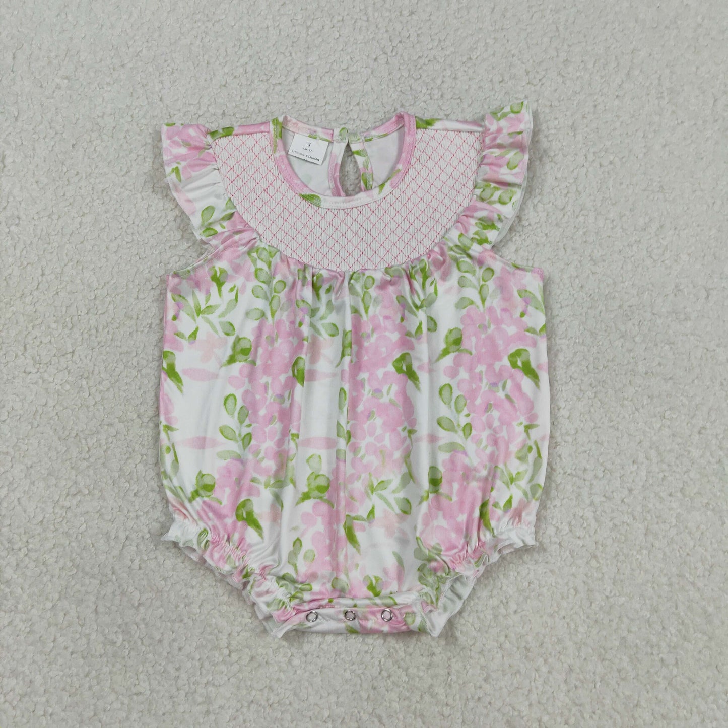 SR3805 Smocked Flower Leaf Pink White Flying Sleeve Girls Bubble Romper 202603 RTS