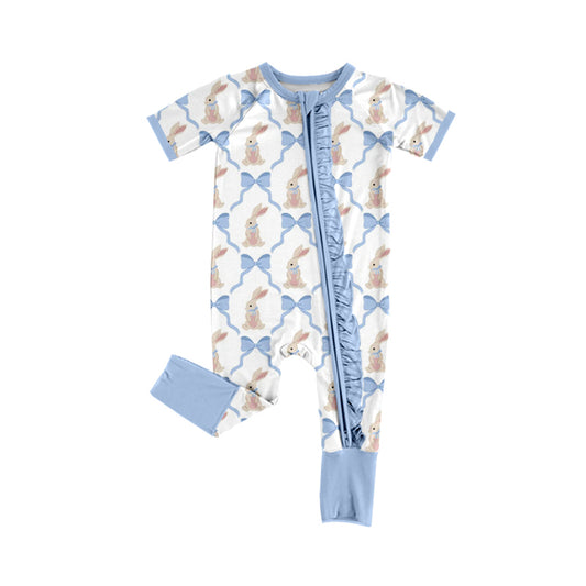 MOQ 5 PCS preorder SR3807 Easter Bunny Bows Blue Ruffle Zip Short Sleeve Girls Romper 202512