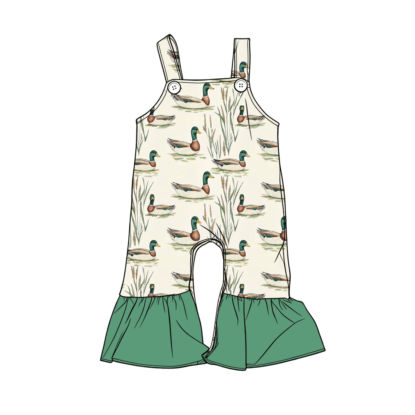 MOQ 5 PCS Preorder SR3812 Duck Pattern Green Ruffle Sleeveless Girls Overalls Jumpsuits 202512