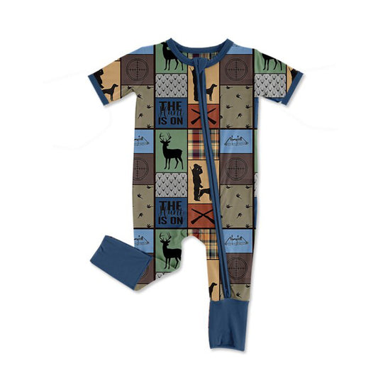 MOQ 5 PCS preorder SR3815 Hunting Gray Blue Plaid Zip Short Sleeve Boys Romper 202512