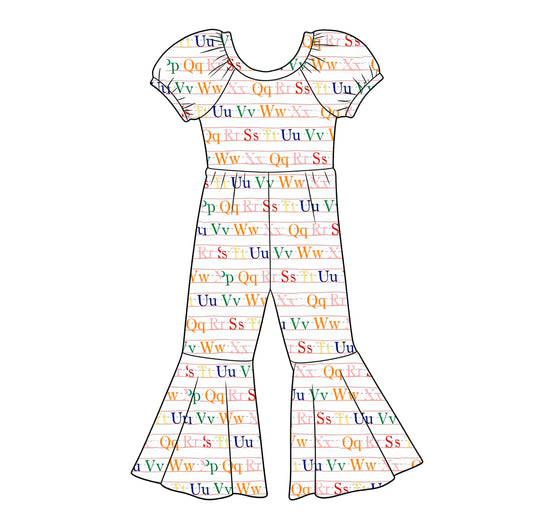 MOQ 5 PCS Preorder SR3817 Back to School Colored Letter White Short Sleeve Girls Overalls Jumpsuits 202512