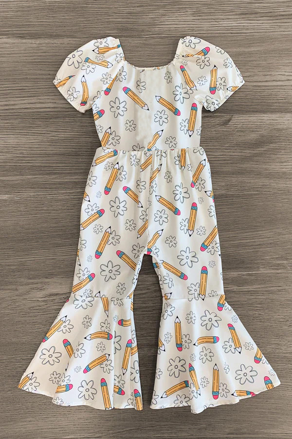 MOQ 5 PCS Preorder SR3818 Back to School Flower Pencil White Short Sleeve Girls Overalls Jumpsuits 202512