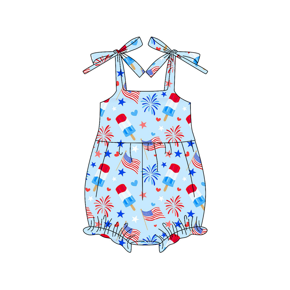 MOQ 5 PCS preorder SR3821 4th of July Fireworks Flag Ice Cream Blue Sleeveless Girls Bubble Romper 202512