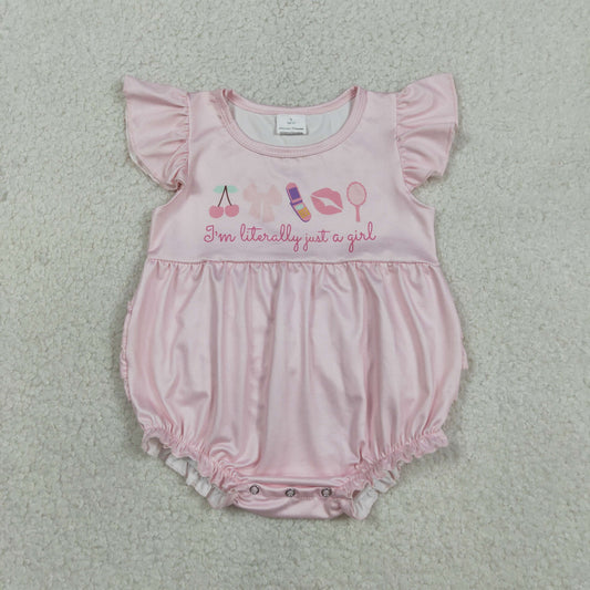 SR3825 Letter Cherry Bow Lip Print Pink Flying Sleeve Girls Bubble Romper 202603 RTS