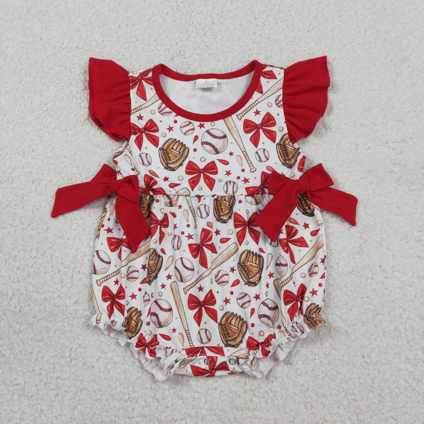 SR3834 Baseball Bows Red Flying Sleeve Girls Bubble Romper 202601 RTS