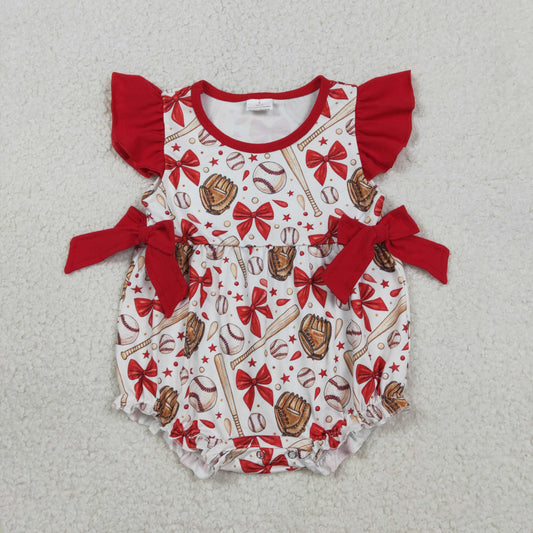 SR3834 Baseball Bows Red Flying Sleeve Girls Bubble Romper 202601 RTS