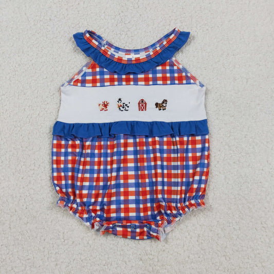 SR3835 Embroidered Farm Animals Red Blue Plaid Ruffle Flying Sleeve Girls Bubble Romper 202605 RTS