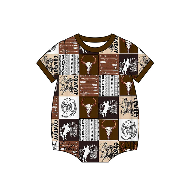MOQ 5 PCS preorder SR3838 Horse Riding Plaid Brown Short Sleeve Boys Bubble Romper 202512