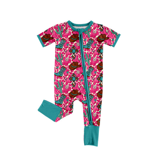 MOQ 5 PCS preorder SR3839 Cowgirl Cactus Hat Boots Green Zip Rose Red Short Sleeve Boys Bubble Romper 202512