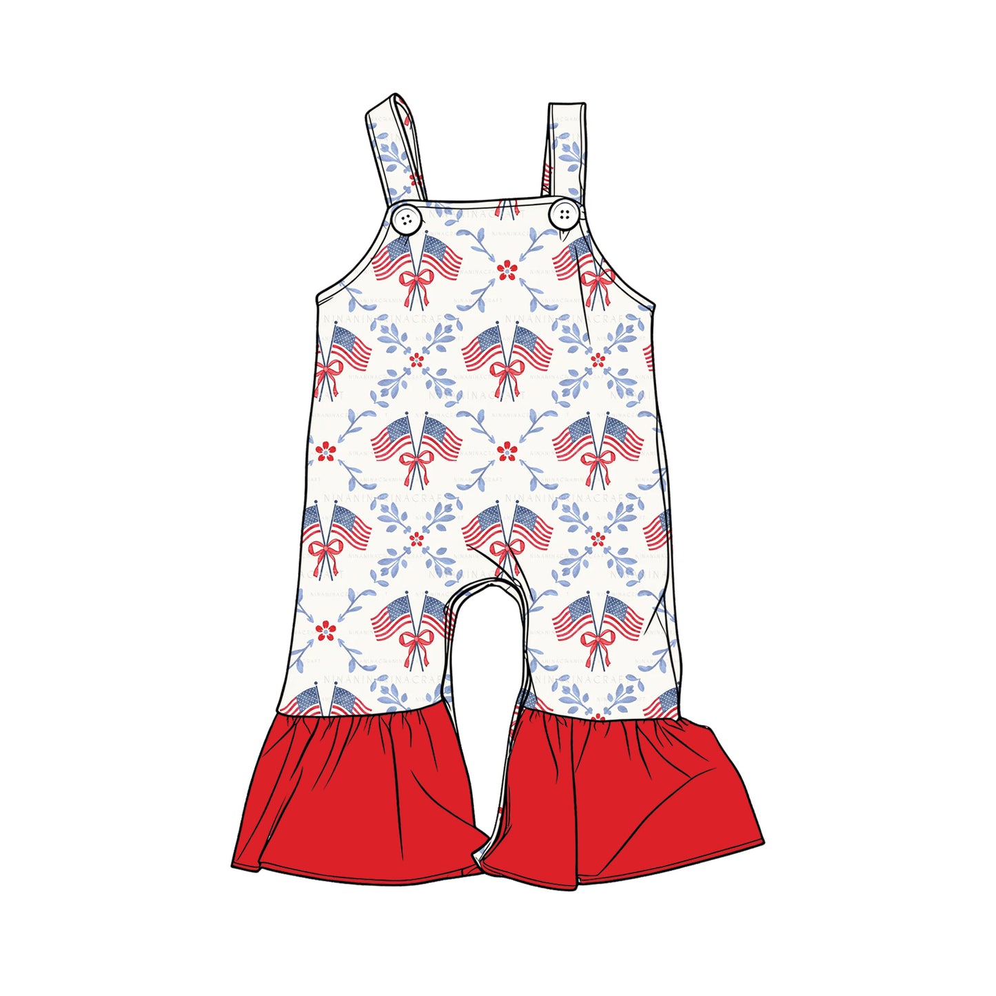 MOQ 5 PCS Preorder SR3840 4th of July Flag Bows Red Ruffle Sleeveless Girls Overalls Jumpsuits 202512
