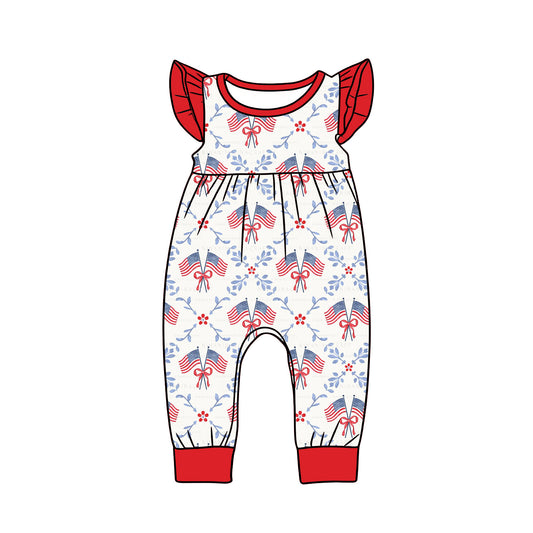 MOQ 5 PCS preorder SR3841 4th of July Flag Bows Red Flying Sleeve Girls Romper 202512