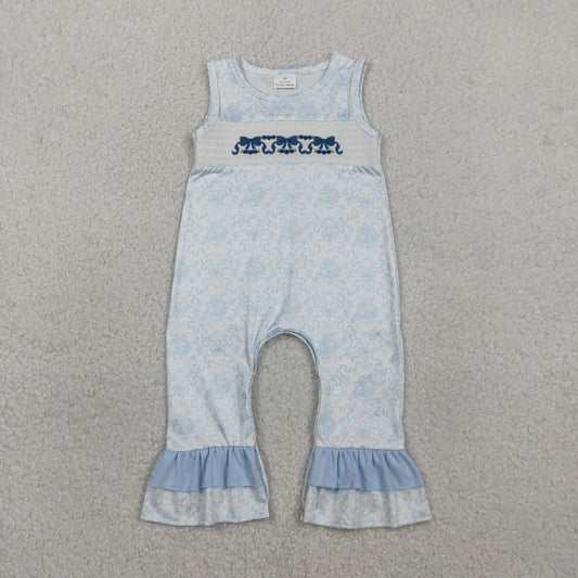 SR3843 Smocked Blue Bows Sleeveless Girls Romper 202602 RTS