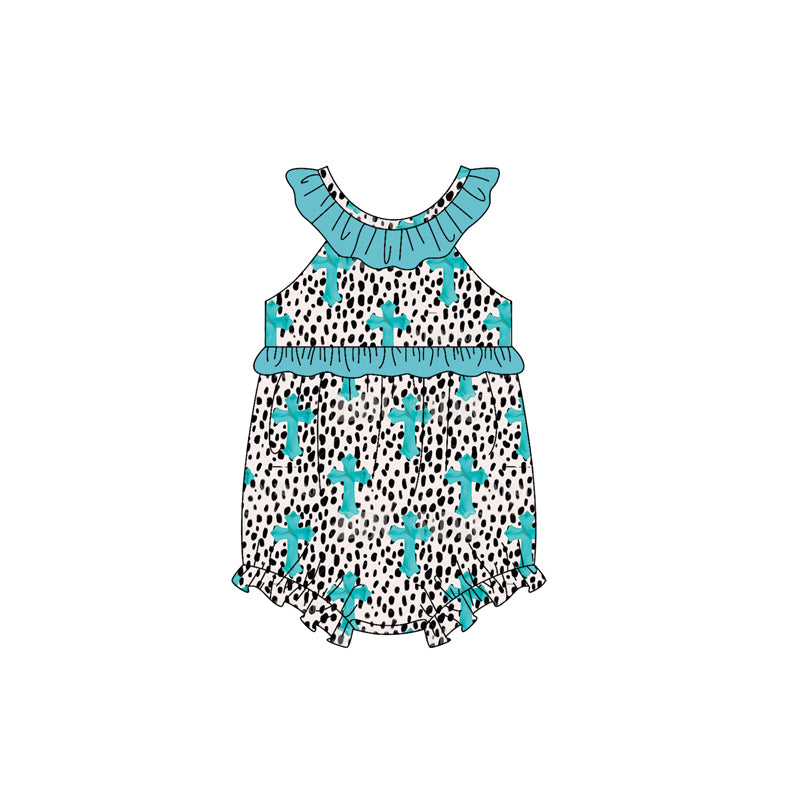 MOQ 5 PCS preorder SR3844 Easter Cross Leopard Blue Green Ruffle Sleeveless Girls Bubble Romper 202512