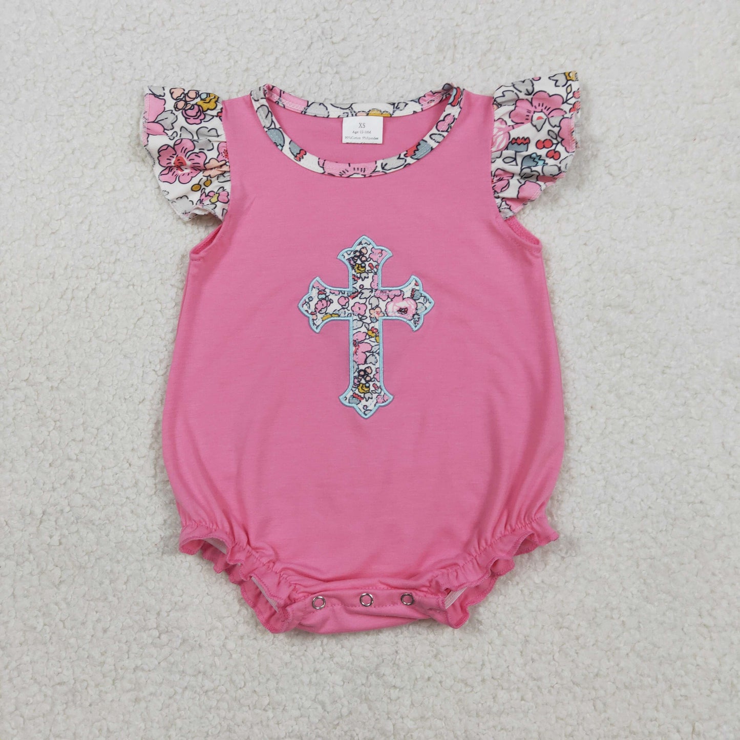 SR3845 Easter Cross Flower Rose Red Flying Sleeve Girls Bubble Romper 202601 RTS