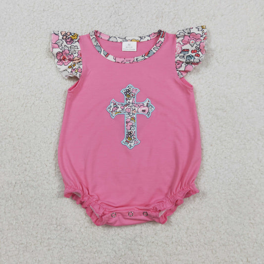 SR3845 Easter Cross Flower Rose Red Flying Sleeve Girls Bubble Romper 202601 RTS