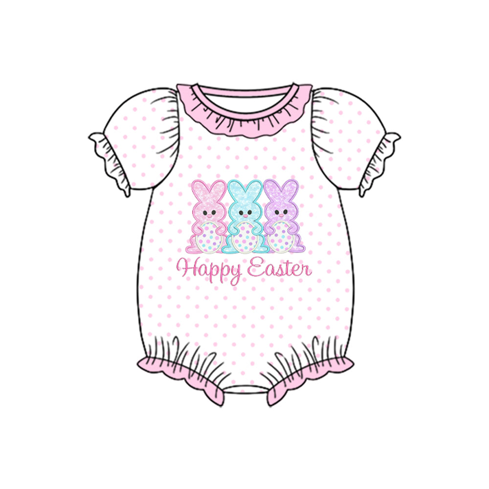 MOQ 5 PCS preorder SR3847 Easter Bunny Dots Pink Ruffle Short Sleeve Girls Bubble Romper 202512