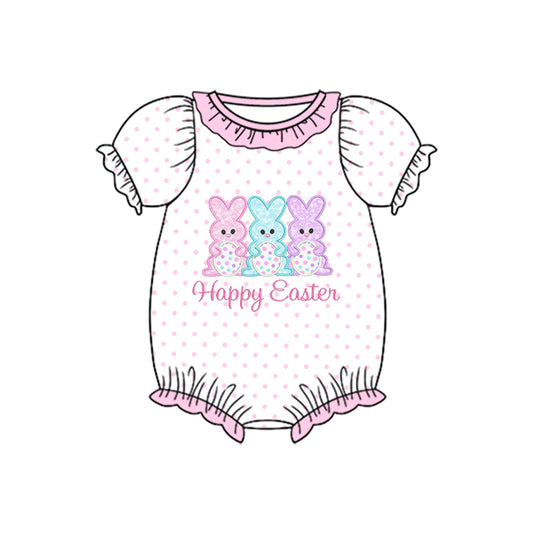 MOQ 5 PCS preorder SR3847 Easter Bunny Dots Pink Ruffle Short Sleeve Girls Bubble Romper 202512