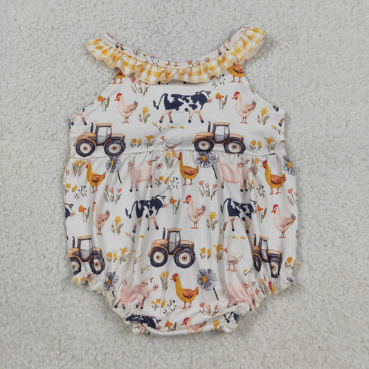 SR3848 Farm Animals Yellow Plaid Ruffle Sleeveless Girls Bubble Romper 202604 RTS