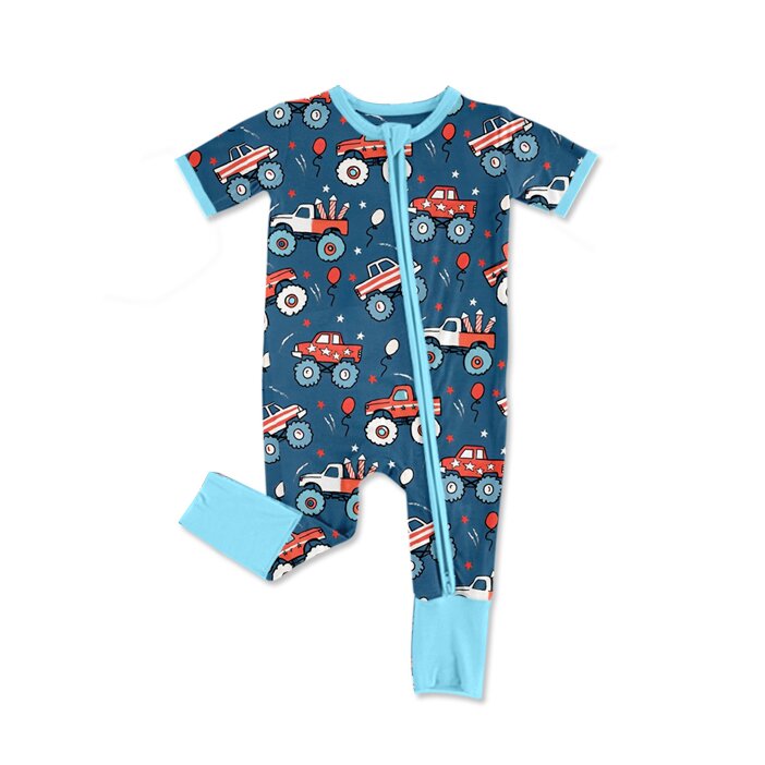 MOQ 5 PCS preorder SR3850 4th of July Star Fireworks Truck Blue Zip Long Sleeve Boys Romper 202512