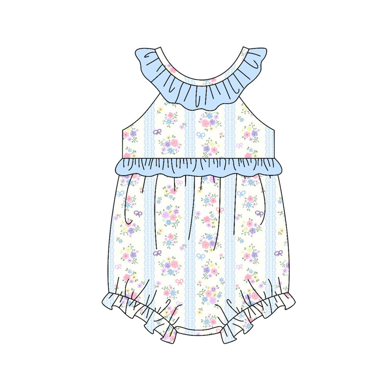 MOQ 5 PCS preorder SR3851 Flower Stripe Blue Ruffle Sleeveless Girls Bubble Romper 202512
