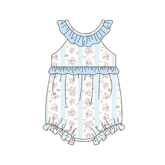 MOQ 5 PCS preorder SR3851 Flower Stripe Blue Ruffle Sleeveless Girls Bubble Romper 202512