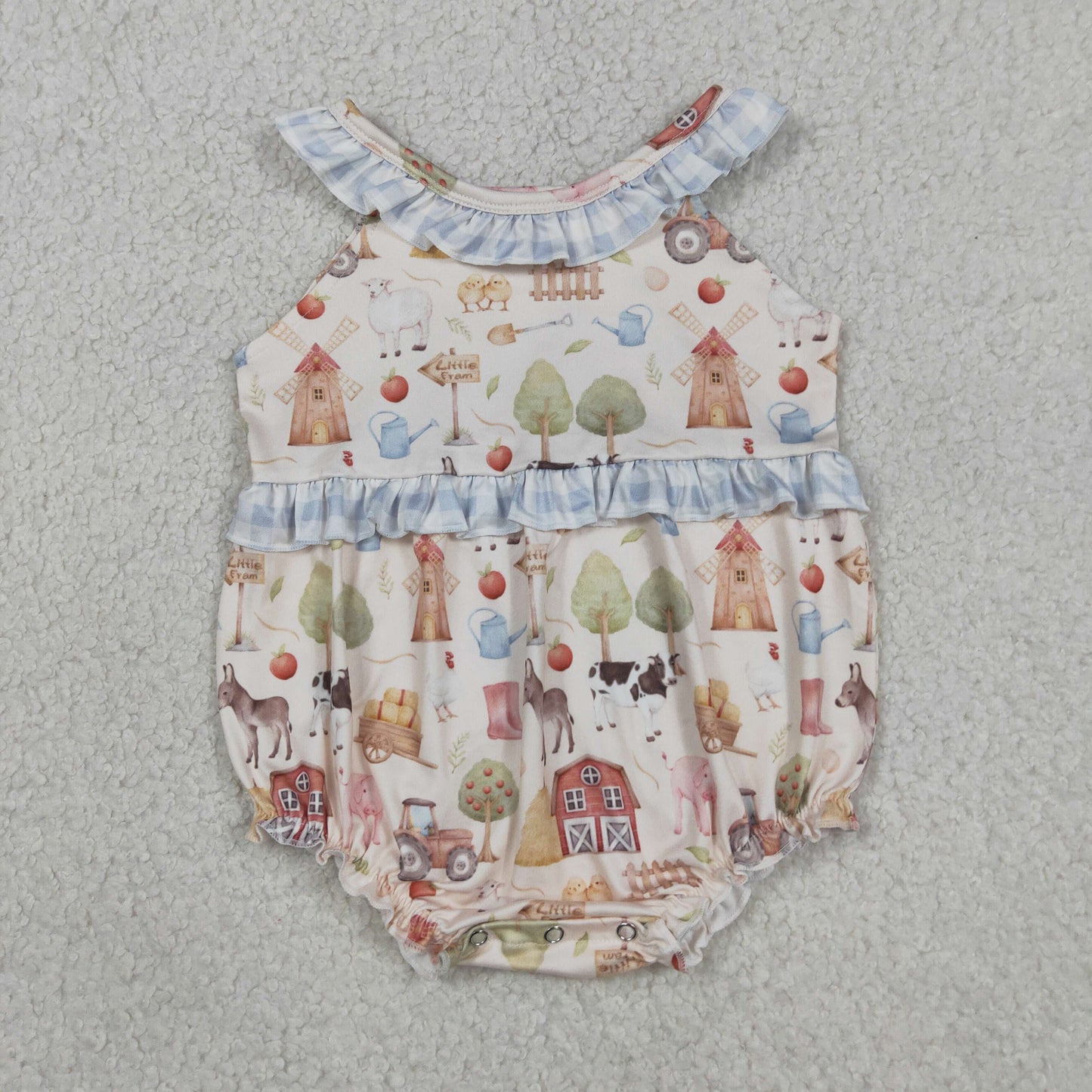 SR3852 Farm Animals Blue Plaid Ruffle Sleeveless Girls Bubble Romper 202604 RTS