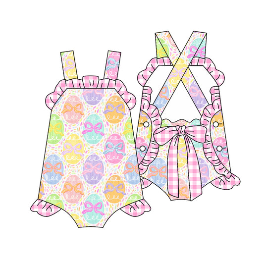 MOQ 5 PCS preorder SR3859 Easter Colored Eggs Bows Pink Plaid Ruffle Sleeveless Girls Bubble Romper 202512
