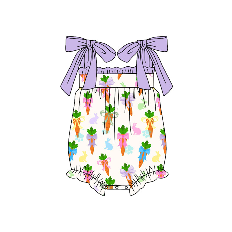 MOQ 5 PCS preorder SR3860 Easter Bunny Carrots Purple Ruffle Sleeveless Girls Bubble Romper 202512
