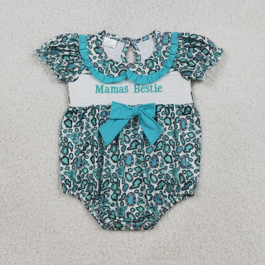 SR3863 Smocked Mama's Bestie Gemstone Lightning Bull Head Bow Doll Collar Blue Ruffle Short Sleeve Girls Bubble Romper 202603 RTS
