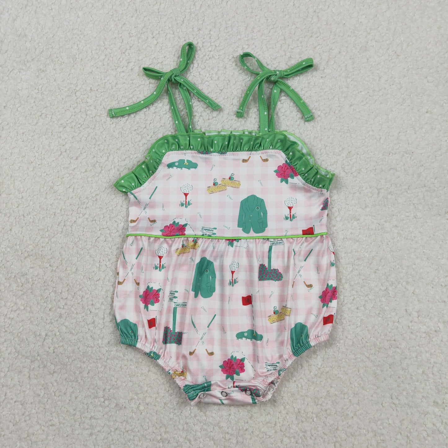 SR3868 Golf Pattern Pink Plaid Green Ruffle Sleeveless Girls Bubble Romper 202601 RTS