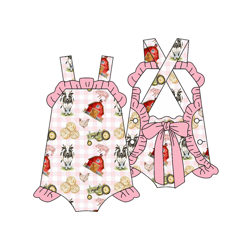 MOQ 5 PCS preorder SR3869 Farm Animals Pink Plaid Ruffle Sleeveless Girls Bubble Romper 202512