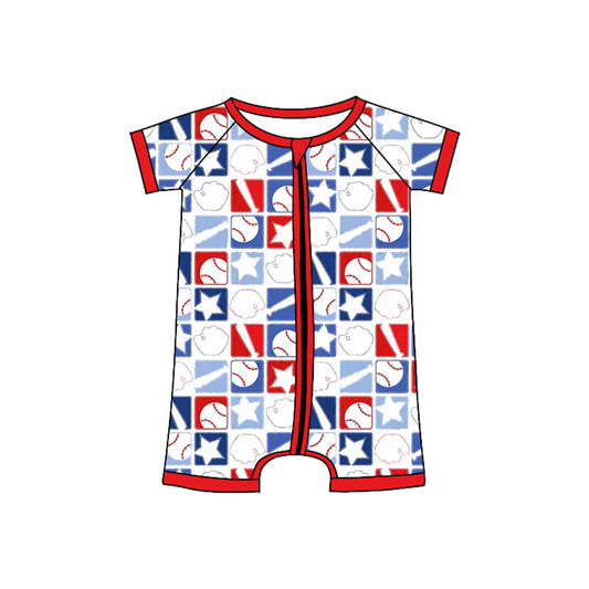 MOQ 5 PCS preorder SR3872 Baseball Star Plaid Red Zip Short Sleeve Boys Romper 202512