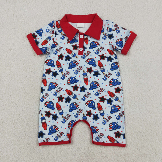SR3874 4th of July USA Star Glasses Hat Red Polo Short Sleeve Boys Romper 202604 RTS