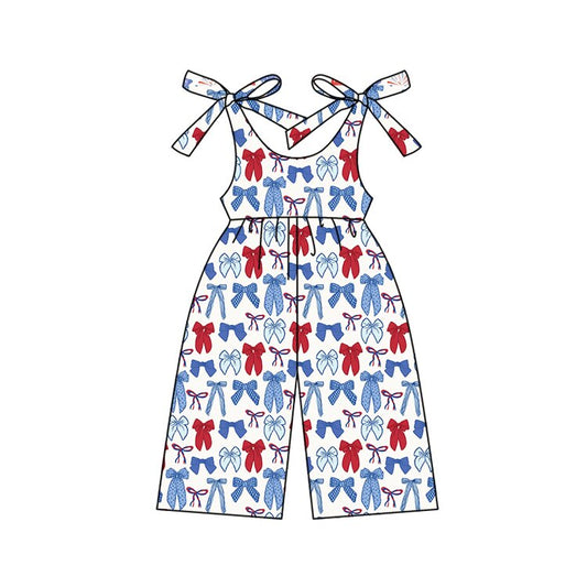 MOQ 5 PCS Preorder SR3876 4th of July Red Blue Bows White Halter Girls Overalls Jumpsuits 202512