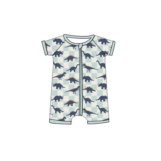 MOQ 5 PCS preorder SR3880 Dinosaur Blue Green Plaid Zip Short Sleeve Boys Romper 202512