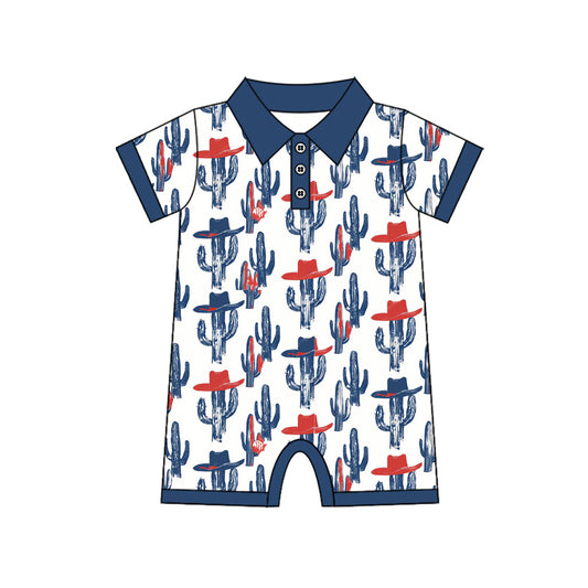 MOQ 5 PCS preorder SR3881 Cowboy Cactus Hat Navy Blue Polo Short Sleeve Boys Romper 202512