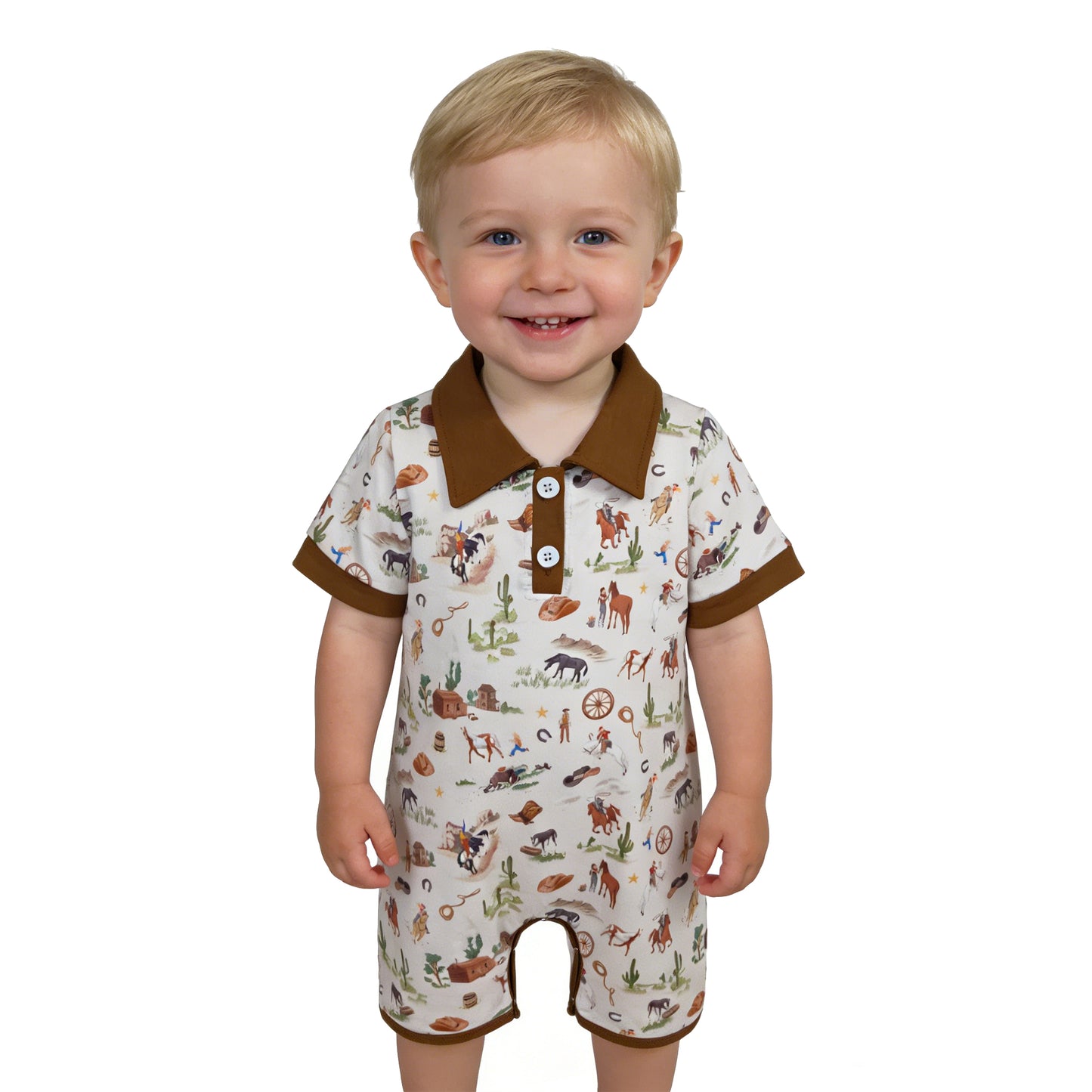 SR3882 Cowboy Cactus Horse Riding Brown Polo Short Sleeve Boys Romper 202603 RTS
