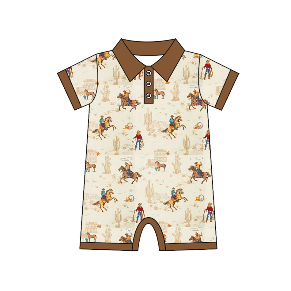 MOQ 5 PCS preorder SR3883 Cowboy Cactus Horse Riding Brown Polo Beige Short Sleeve Boys Romper 202512