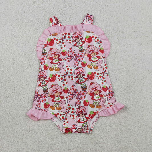 SR3885 Strawberry Girl Bows Pink Plaid Ruffle Sleeveless Girls Bubble Romper 202603 RTS