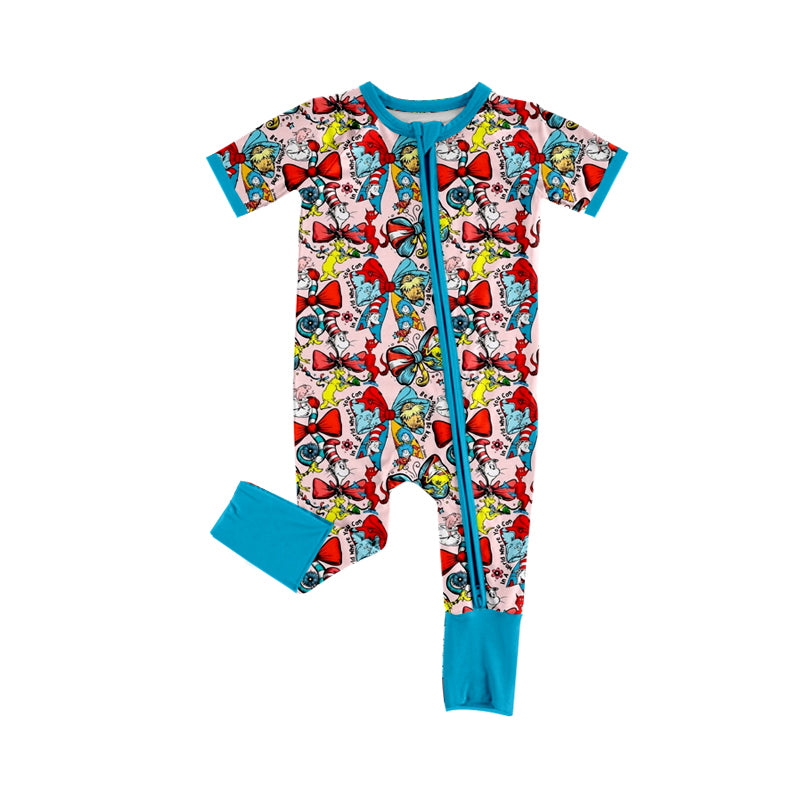 MOQ 5 PCS preorder SR3886 Dr Seuss Bows Blue Zip Short Sleeve Girls Romper 202512